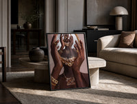 Hands Holding an Ornate Mirror print on the floor, leaning against a travertine table