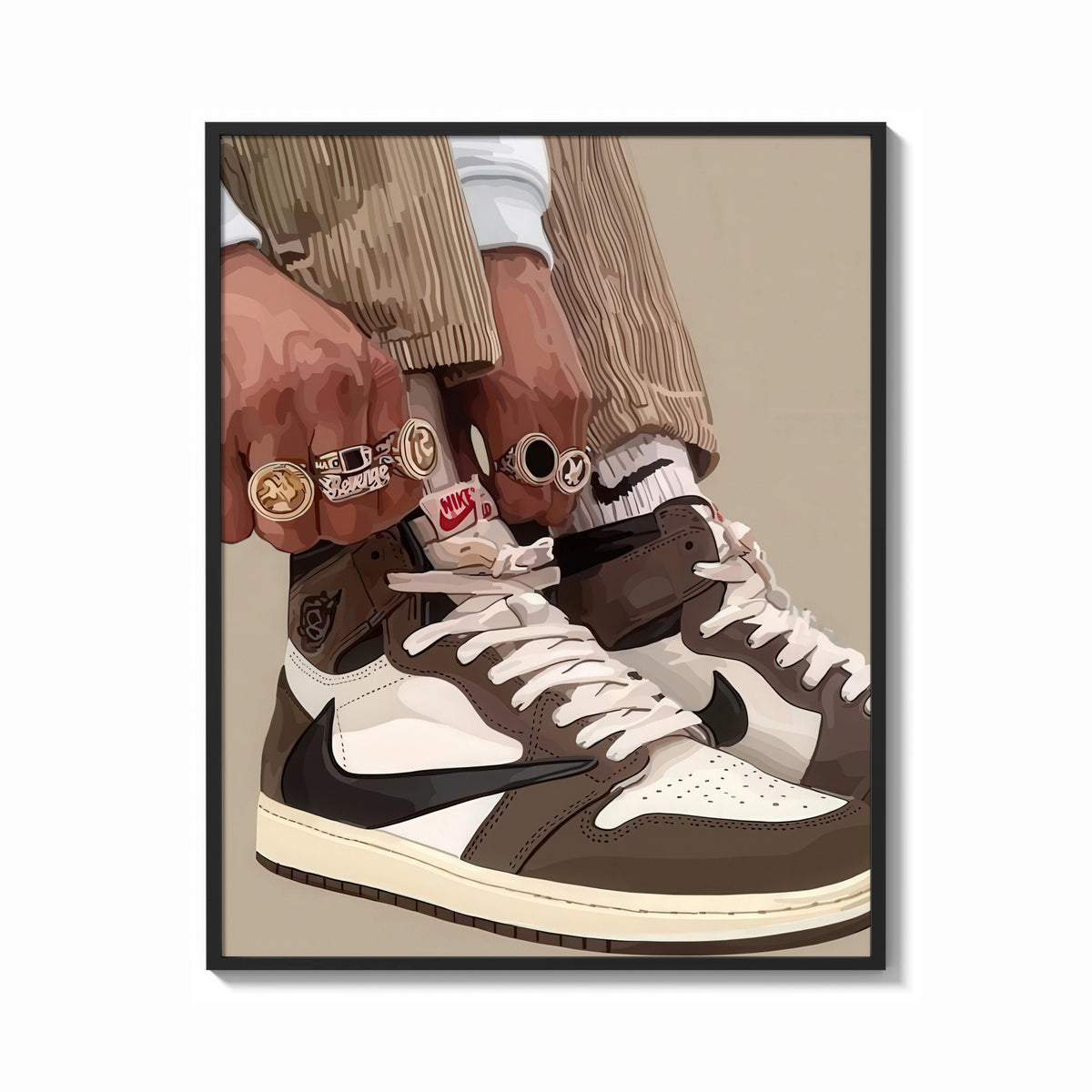 Framed Hands Lacing Brown High-Tops print shown as a bold statement piece on a clean gallery wall