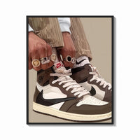 Framed Hands Lacing Brown High-Tops print shown as a bold statement piece on a clean gallery wall