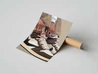 Gently curled Hands Lacing Brown High-Tops print beside its protective shipping tube