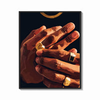 Framed Hands with Gold Rings print shown as a bold statement piece on a clean gallery wall