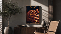 Hands with Gold Rings poster framed above a fluted sideboard beside a potted tree