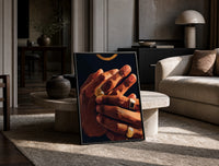 Hands with Gold Rings print on the floor, leaning against a travertine table