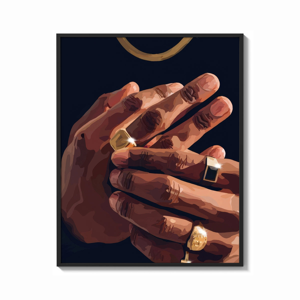 Framed Hands with Gold Rings on Navy print shown as a bold statement piece on a clean gallery wall