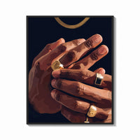 Framed Hands with Gold Rings on Navy print shown as a bold statement piece on a clean gallery wall