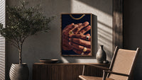 Hands with Gold Rings on Navy poster framed above a fluted sideboard beside a potted tree