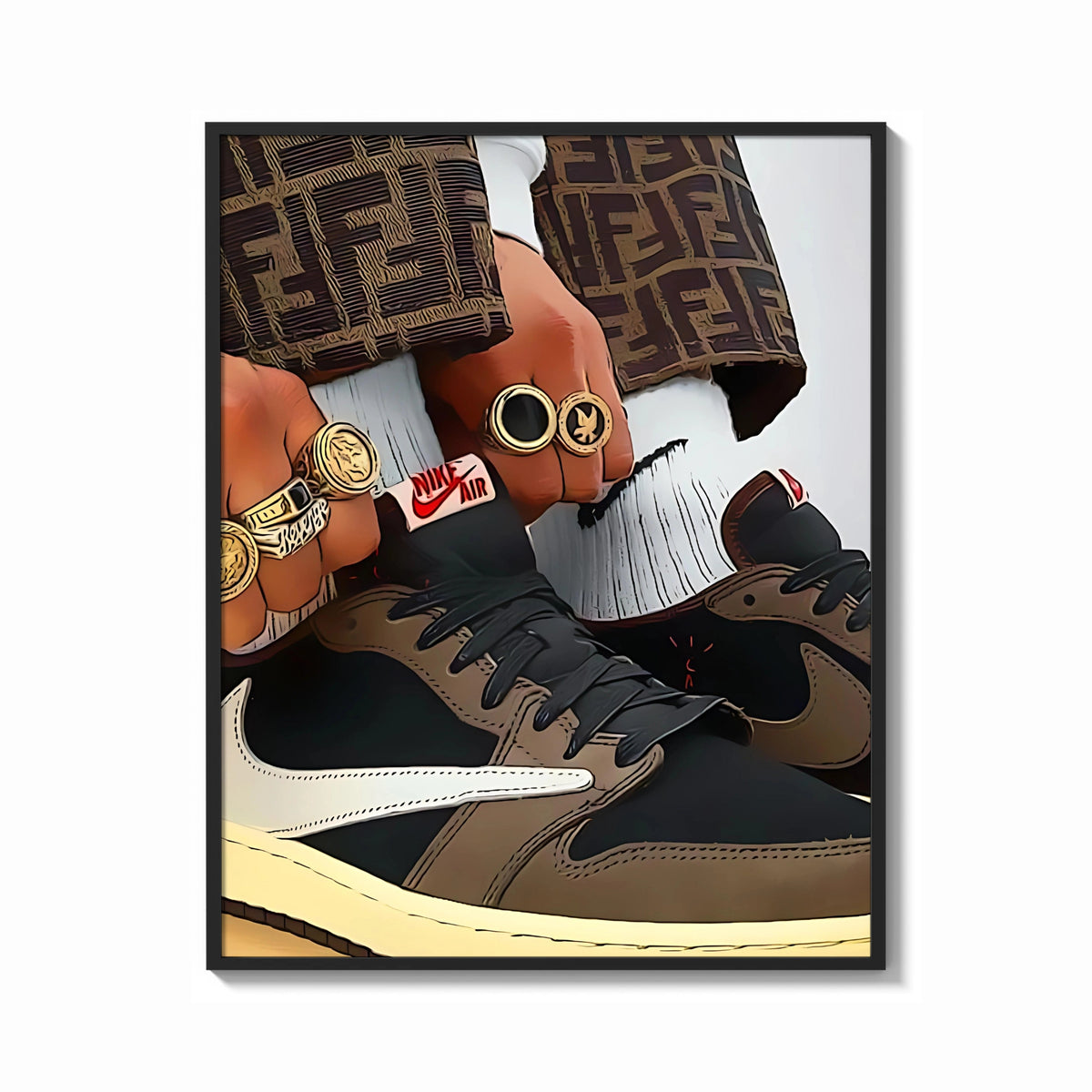 Framed Hands with Rings and High-Top Sneakers print shown as a bold statement piece on a clean gallery wall
