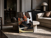 Hands with Rings and High-Top Sneakers print on the floor, leaning against a travertine table