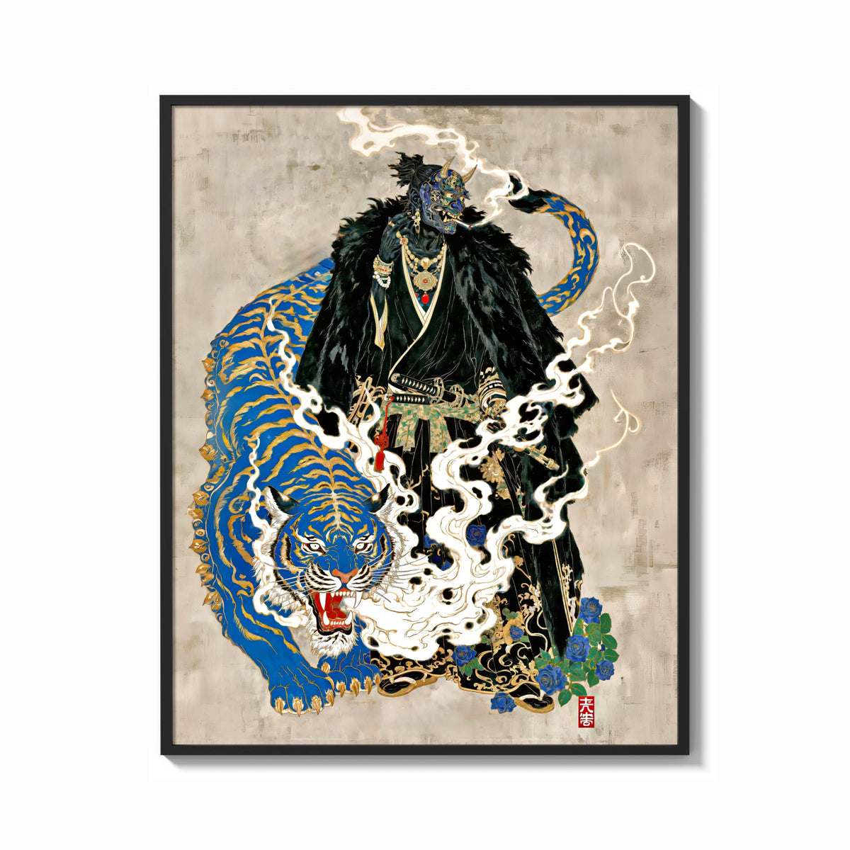 Framed Hannya mask samurai beside a blue tiger print shown as a bold statement piece on a clean gallery wall
