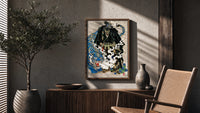 Hannya mask samurai beside a blue tiger poster framed above a fluted sideboard beside an olive tree