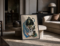 Hannya mask samurai beside a blue tiger print in a black frame leaning on a travertine table in a sunlit lounge