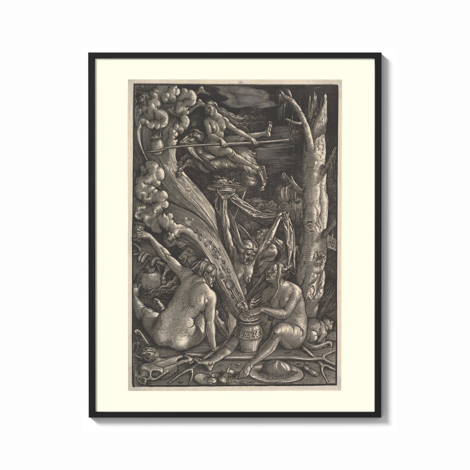 Framed Nude witches with cauldron flying goat print shown as a bold statement piece on a clean gallery wall