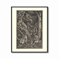 Framed Nude witches with cauldron flying goat print shown as a bold statement piece on a clean gallery wall