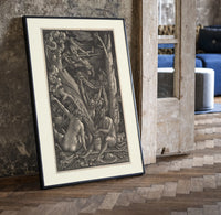 Nude witches with cauldron flying goat print in a black frame leaning beside a vintage door on parquet