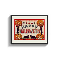 Framed Halloween jack-o-lanterns and black cats print shown as a wide statement piece on a clean white wall