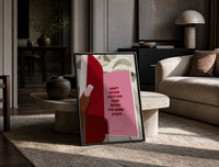 Healing Is a Journey Book Page print on the floor, leaning against a travertine table