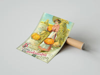 Gently curled Pumpkin Girl Hearty Greeting print beside its protective shipping tube