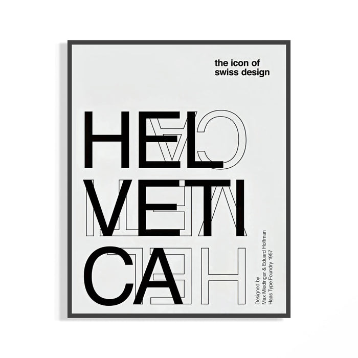 Helvetica Swiss typography poster in black frame showing geometric letter forms in bold black ink