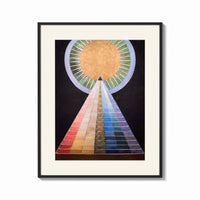Framed Golden sun with pyramid of colors print shown as a bold statement piece on a clean gallery wall