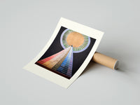 Rolled Golden sun with pyramid of colors poster beside its crush-resistant kraft shipping tube