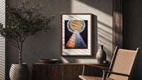 Golden sun with pyramid of colors poster framed above a fluted sideboard beside an olive tree