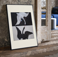 Two swans, one white one black print in a black frame leaning beside a vintage door on parquet