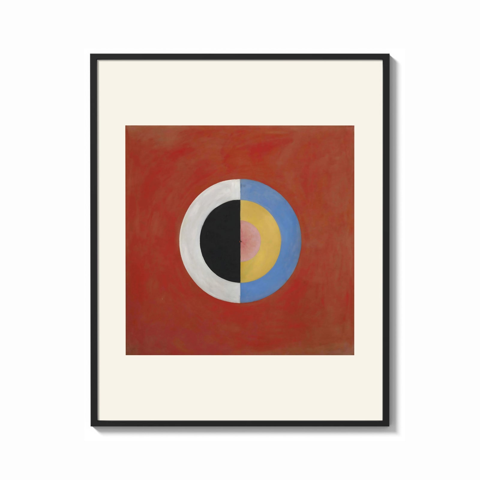 Framed Divided circle with concentric rings print shown as a bold statement piece on a clean gallery wall
