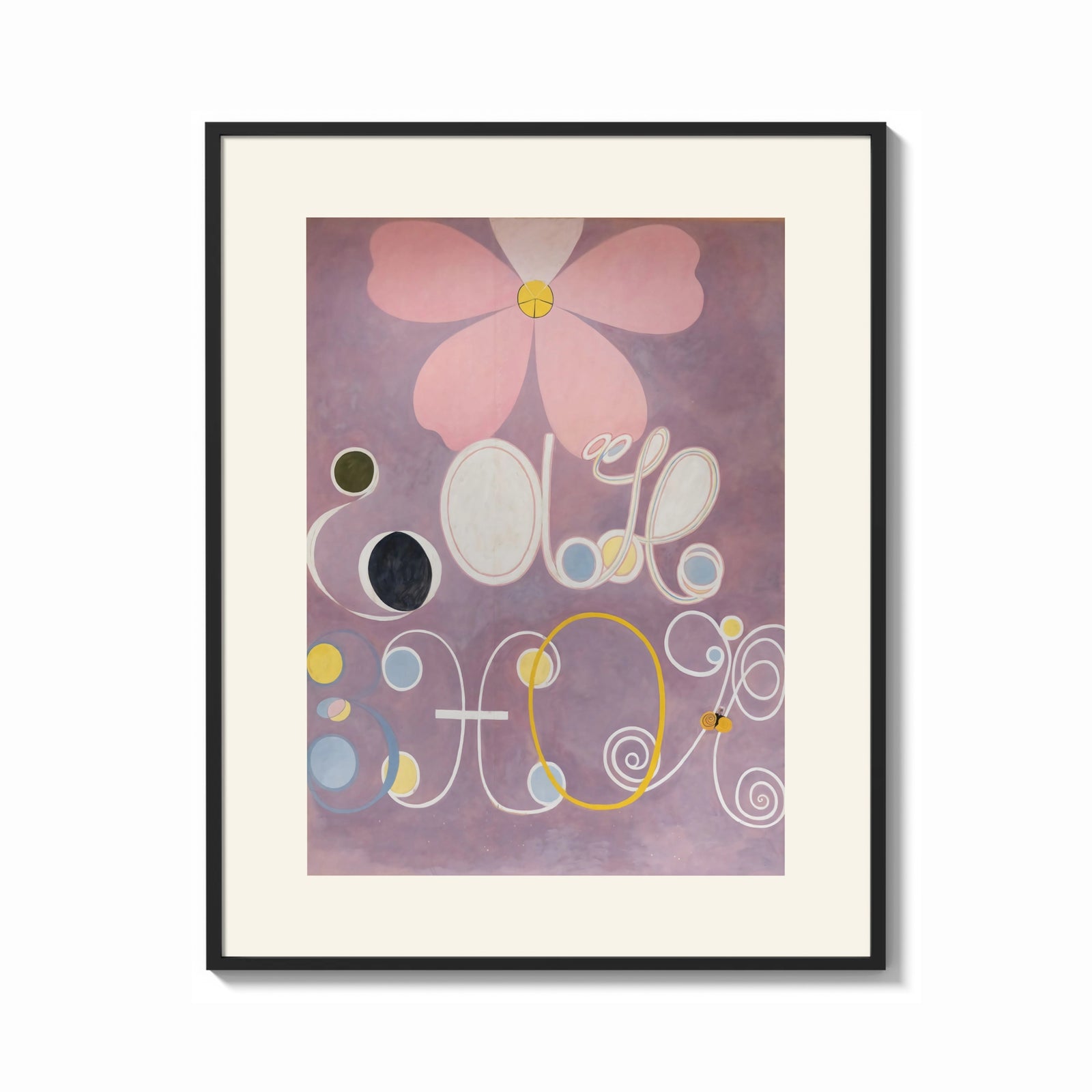 Framed Abstract flower with swirls and circles print shown as a bold statement piece on a clean gallery wall