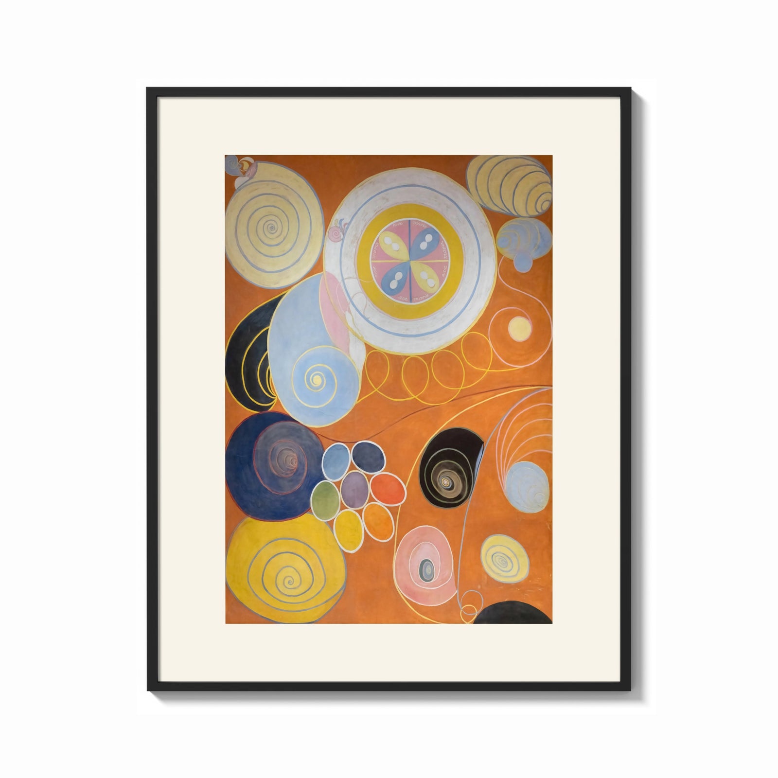 Framed Abstract spirals and snail shells print shown as a bold statement piece on a clean gallery wall