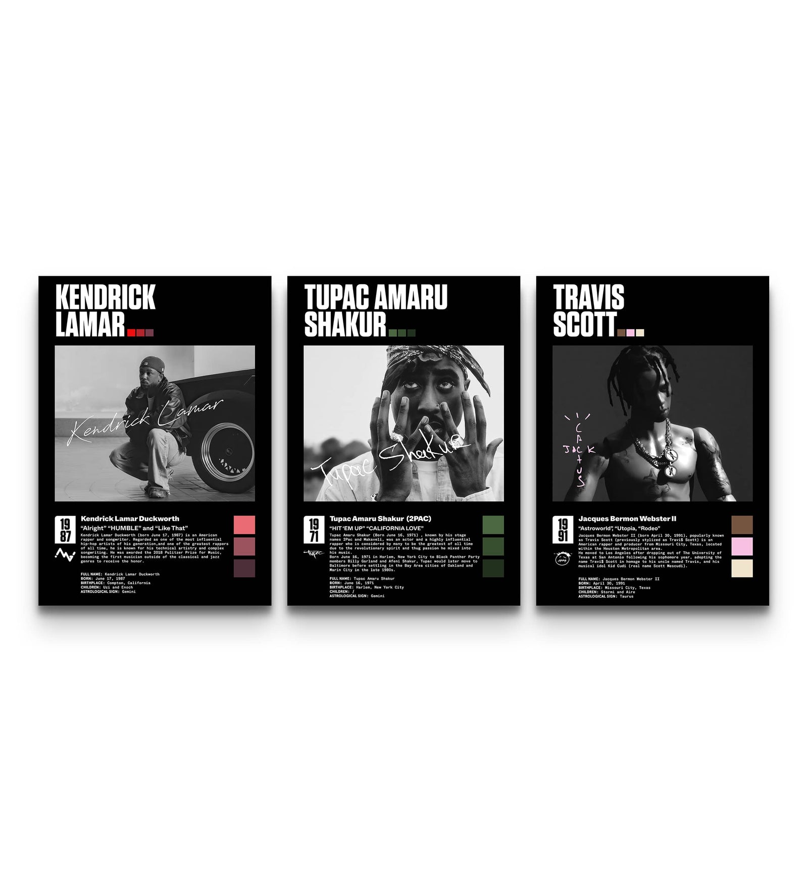 Three hip hop prints of Kendrick Lamar, Tupac Shakur and Travis Scott displayed side by side on a white background