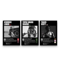Three hip hop prints of Kendrick Lamar, Tupac Shakur and Travis Scott displayed side by side on a white background