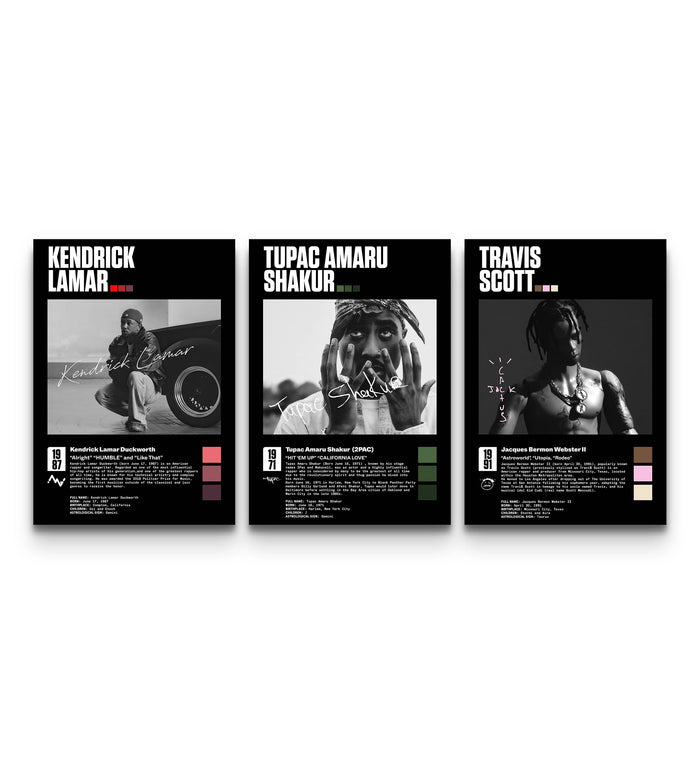 Three hip hop prints of Kendrick Lamar, Tupac Shakur and Travis Scott displayed side by side on a white background