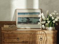 Japanese bay landscape with moon print in an oak frame on a farmhouse dresser beside white tulips