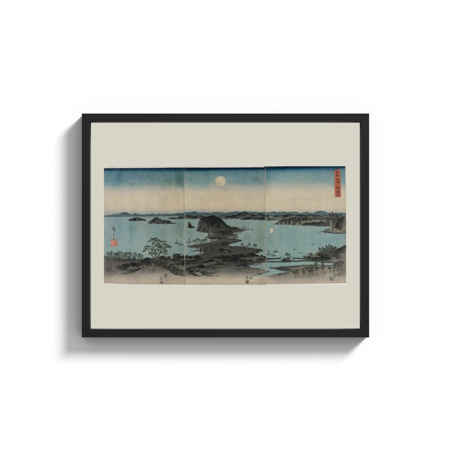 Framed Japanese bay landscape with moon print shown as a wide statement piece on a clean white wall