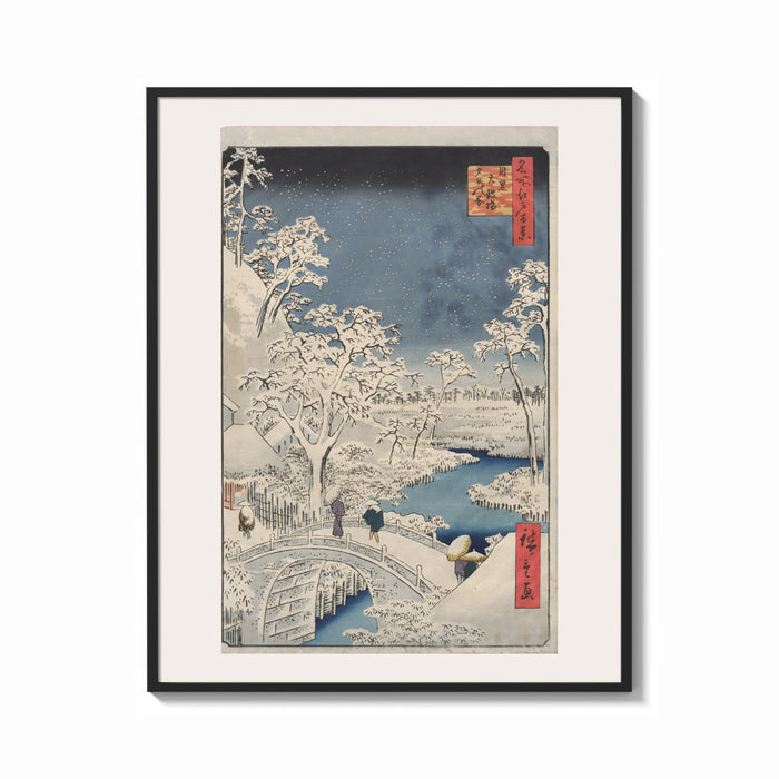 Framed Snowy bridge with travelers in winter print shown as a bold statement piece on a clean gallery wall