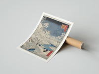 Rolled Snowy bridge with travelers in winter poster beside its crush-resistant kraft shipping tube