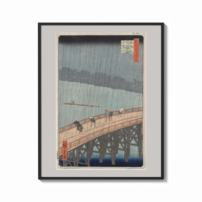 Framed People crossing bridge in rain print shown as a bold statement piece on a clean gallery wall