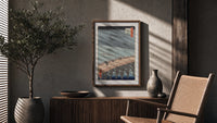 People crossing bridge in rain poster framed above a fluted sideboard beside an olive tree