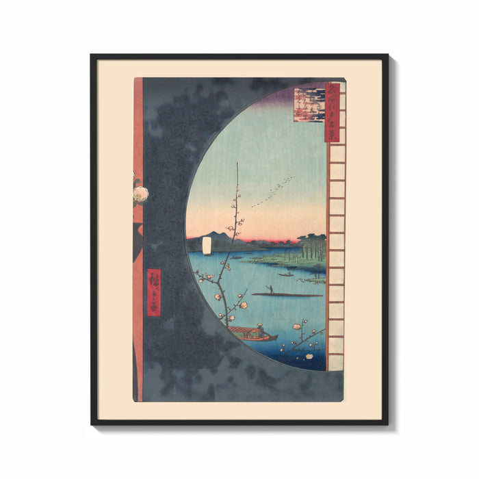 Framed River landscape with plum blossom branch print shown as a bold statement piece on a clean gallery wall