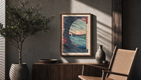 River landscape with plum blossom branch poster framed above a fluted sideboard beside an olive tree