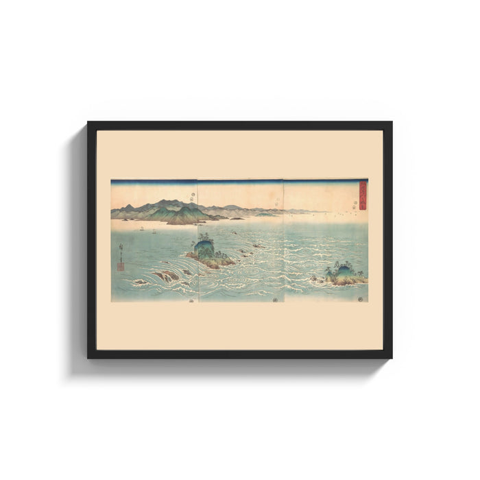 Framed Japanese whirlpools and coastal seascape print shown as a wide statement piece on a clean white wall