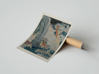 Rolled Japanese waterfall with travelers and hut poster beside its crush-resistant kraft shipping tube