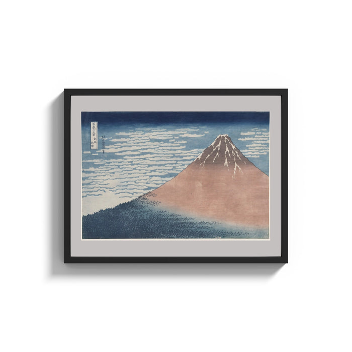 Framed Mount Fuji with snow-capped peak print shown as a wide statement piece on a clean white wall
