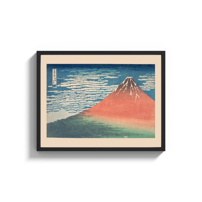 Framed Red Mount Fuji with clouds print shown as a wide statement piece on a clean white wall