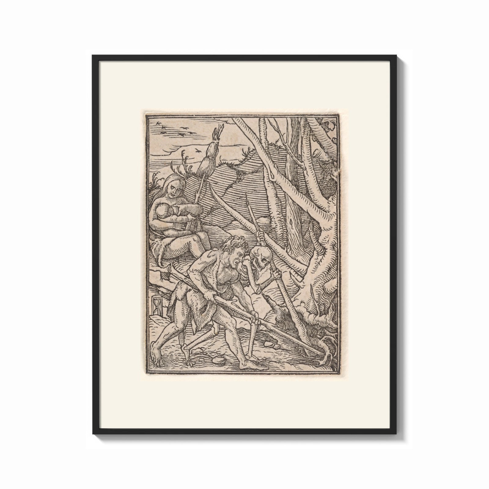 Framed Adam laboring with skeleton Death figure print shown as a bold statement piece on a clean gallery wall