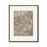 Framed Adam laboring with skeleton Death figure print shown as a bold statement piece on a clean gallery wall