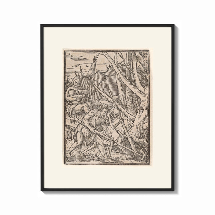 Framed Adam laboring with skeleton Death figure print shown as a bold statement piece on a clean gallery wall
