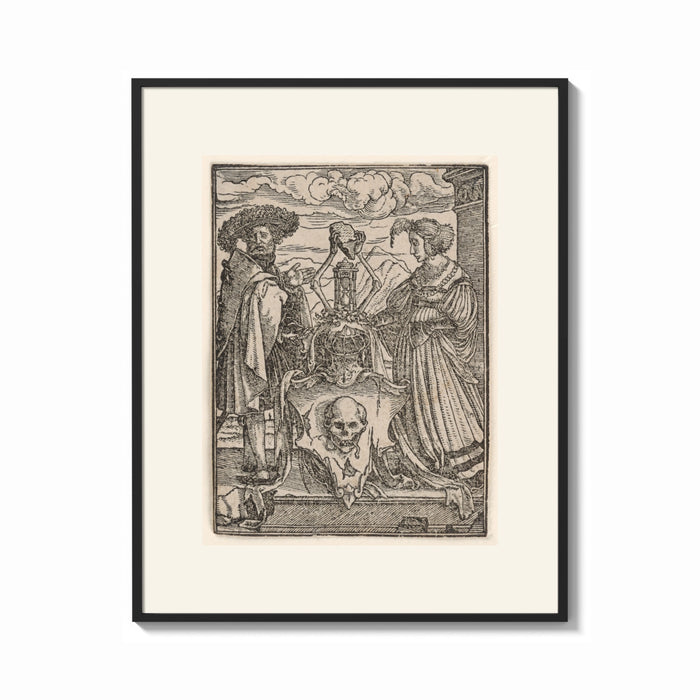 Framed Nobleman and lady with hourglass print shown as a bold statement piece on a clean gallery wall