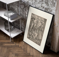 Nobleman and lady with hourglass poster in a black frame leaning beside a shelf in a raw-plaster loft