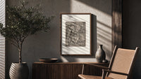 Nobleman and lady with hourglass poster framed above a fluted sideboard beside an olive tree